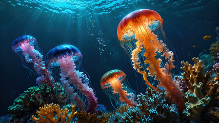 Fototapeta premium glow vibrant jellyfish in the depths of the ocean