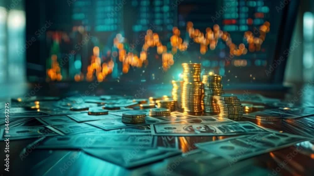 Poster a close-up view of gold coins stacked on a table, surrounded by us dollar bills with a blurred backg