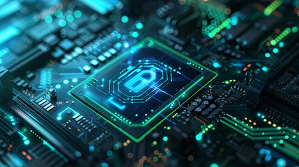 Secure connection or cybersecurity service concept of compute motherboard closeup and safety lock with login and connecting verified credentials as wide banner design - Generative AI - 17