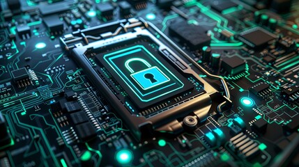 Secure connection or cybersecurity service concept of compute motherboard closeup and safety lock with login and connecting verified credentials as wide banner design - Generative AI - 19