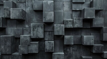 3D background minimalism. A wall with 3D blocks. 3D wallpaper with black cubes. Futuristic concrete background, with copy spase
