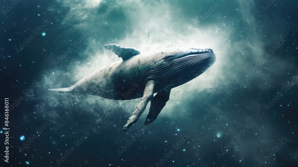 Aufkleber surreal art design of a whale floating in space with a cosmic background and starry sky. digital art