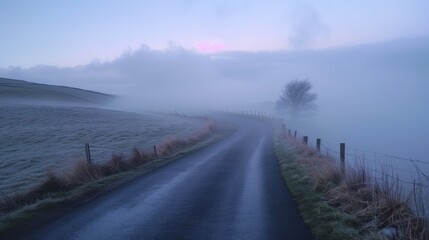 Naklejka premium The winding road disappears into a thick blanket of fog creating an eerie sense of longing for what lies beyond the limits of sight. . AI generation.