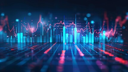 Perspective view of stock market growth, business investing and data concept with digital financial chart graphs, diagrams and indicators on dark blue blurry background