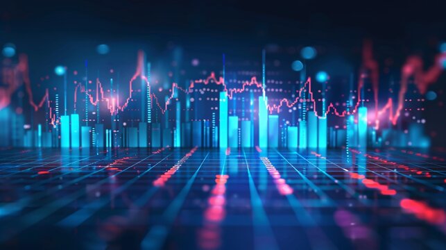 Perspective view of stock market growth, business investing and data concept with digital financial chart graphs, diagrams and indicators on dark blue blurry background