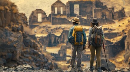 Two adventurous explorers dressed in hiking gear stand side by side with backs to the camera as they survey the ruins of an . .