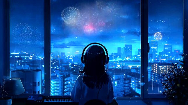 Girl with headphone in apartment window. 