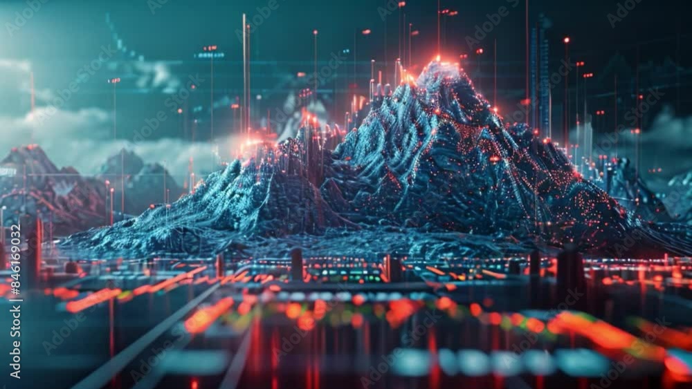 Poster a digital rendering of a mountain landscape with glowing red data points and lines overlayed. the im