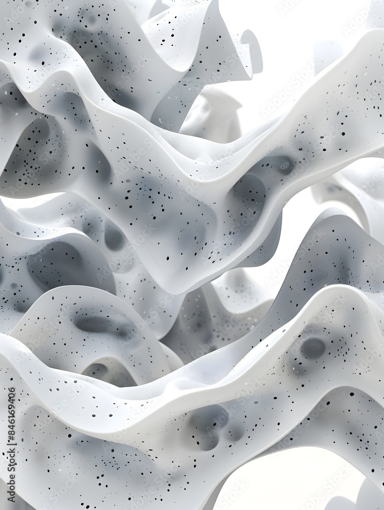 Poster abstract foam shapes molded by wind in 3d render on white background
