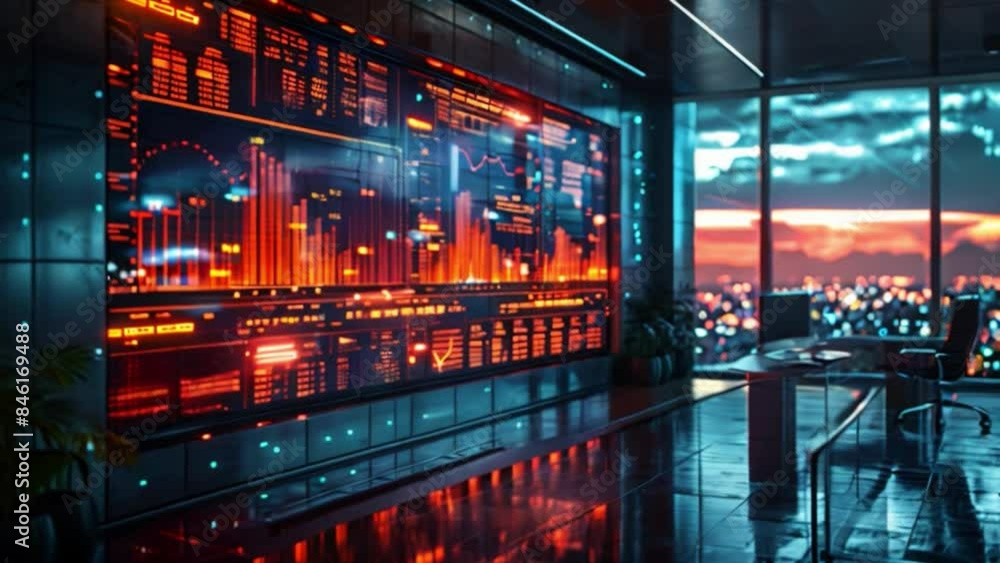 Poster a futuristic office space with a large screen displaying data visualizations. the office features a 