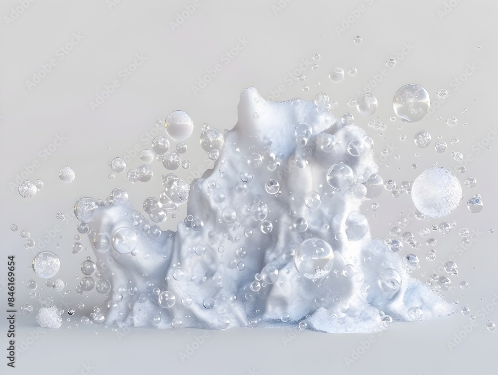 Poster bursting foam bubbles in dynamic 3d rendering on clean white background