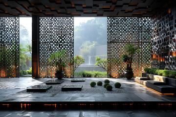 Zen-like minimalist entryway with accent lighting, deep black tones, serene twilight, and sleek metal textures, creating a calming and spacious environment.