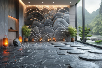 Zen-like minimalist entryway with accent lighting, deep black tones, serene twilight, and sleek metal textures, creating a calming and spacious environment.