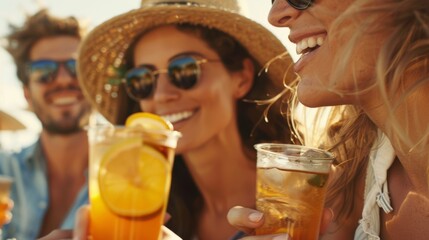 A group of friends sampling locallymade cheese and sipping on freshly brewed iced tea at a laidback beach market stall.