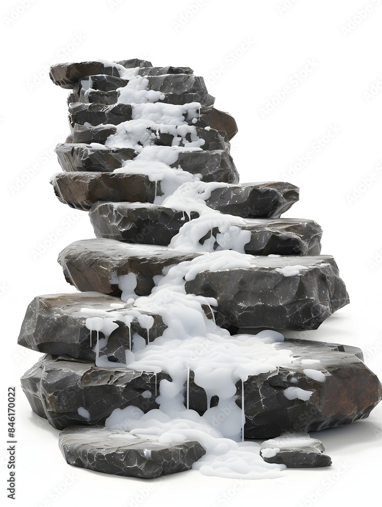 Poster cascading foam flow down a series of rocky steps on a minimalist white background