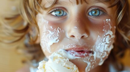 A childs messy face smeared with coconut ice cream their eyes lighting up with delight.