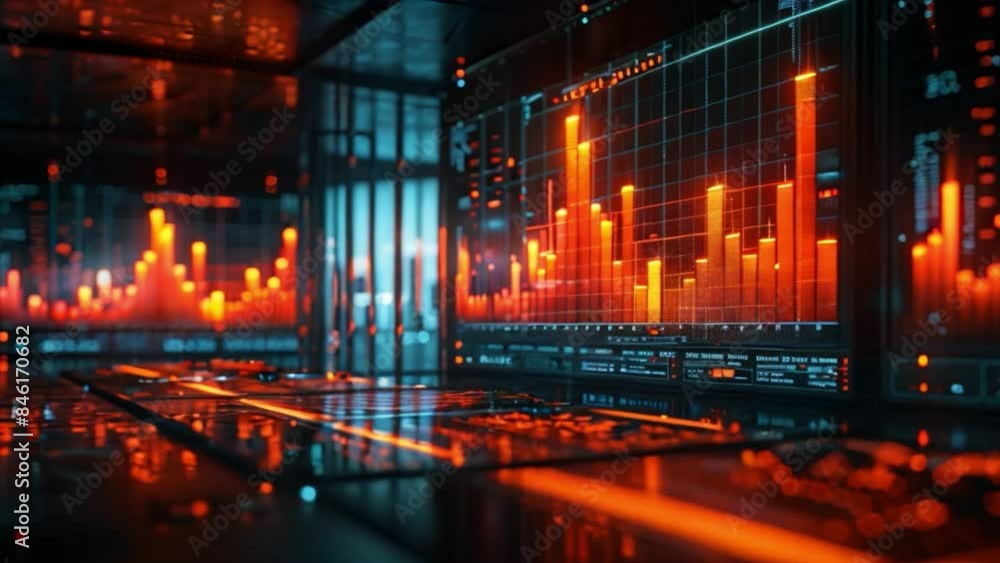 Poster a close-up image of a digital screen displaying a data visualization with red and orange bars, highl
