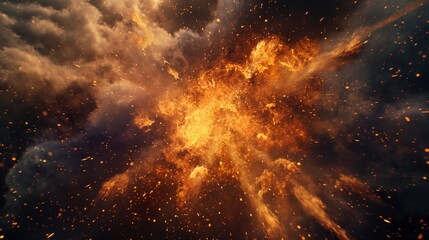 Obraz premium Intense fire explosion with smoke and sparks in the night sky.