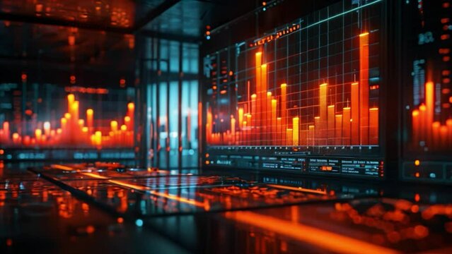A close-up image of a digital screen displaying a data visualization with red and orange bars, highlighting trends and insights.