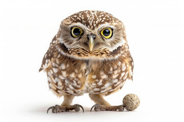 Fototapeta premium A full body shot of an owl, looking at the camera with big yellow eyes and white background, studio shot, photorealistic, fine detailed.