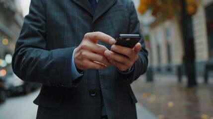 Businessman in suit with mobile phone in hands. Man typing message, using social net