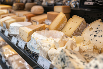 Fototapeta premium Assorted cheeses like parmesan camembert cheddar mozzarella and brie in store