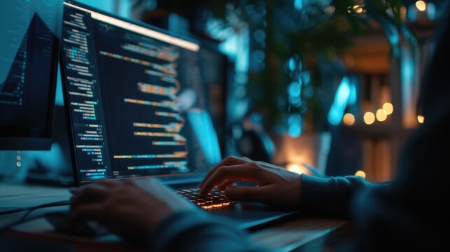 Close-up of a programmer's hands typing on a backlit keyboard, with lines of code displayed across multiple computer screens. AIG41