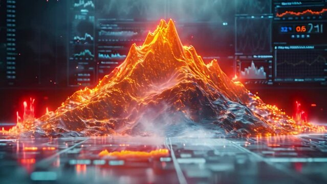 A 3D rendered mountain range appears to be digitally constructed and glows with orange light, set against a backdrop of glowing blue digital displays.