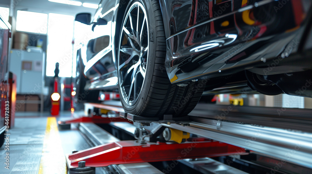 Poster modern car wheels alignment testing system