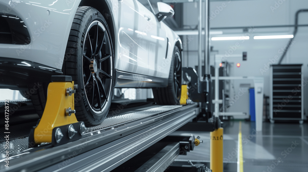 Poster modern car wheels alignment testing system
