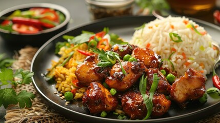 Fototapeta premium Chicken and chutney served with fried rice