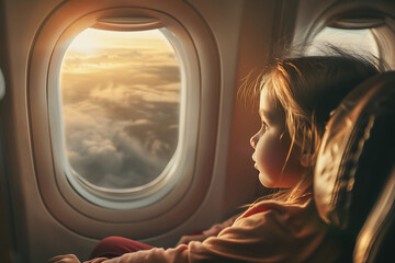 Fototapeta premium child girl sitting in a seat in airplane and looking out the window