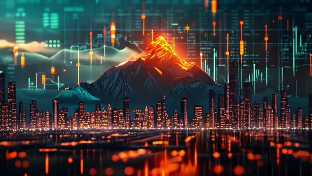 A futuristic cityscape with a glowing mountain in the foreground. Stock market data is overlaid in the background.
