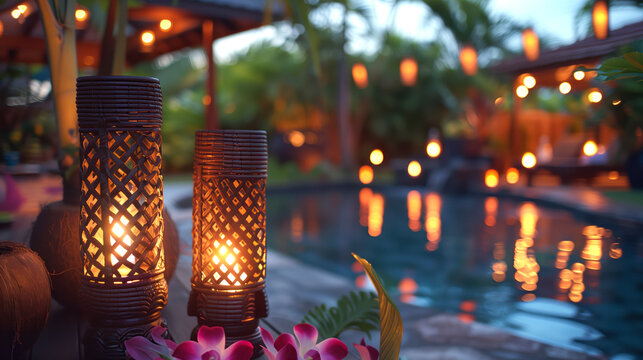 A backyard pool is transformed into a tropical paradise for a luau-themed party, complete with tiki torches, flower leis, and exotic cocktails  - Powered by Adobe