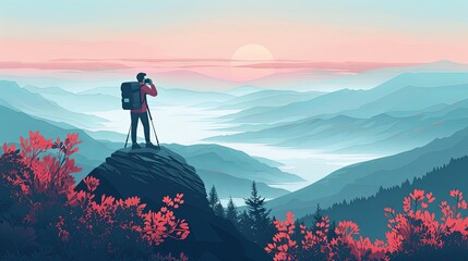 Photographer Capturing Sunrise Over Mountains