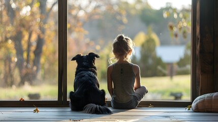 Back view of a dog and a child sitting together on a porch,gazing out at the peaceful yard and surrounding nature through a window. The scene exudes a sense of tranquility,contemplation.