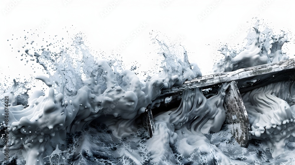 Poster dynamic foam waves crashing against shipwreck on isolated background