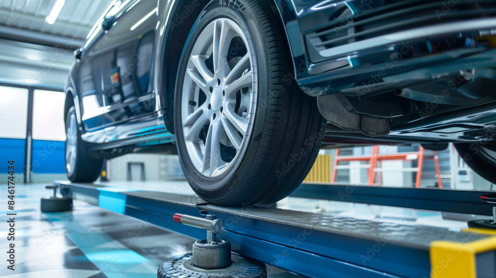 Poster modern car wheels alignment testing system