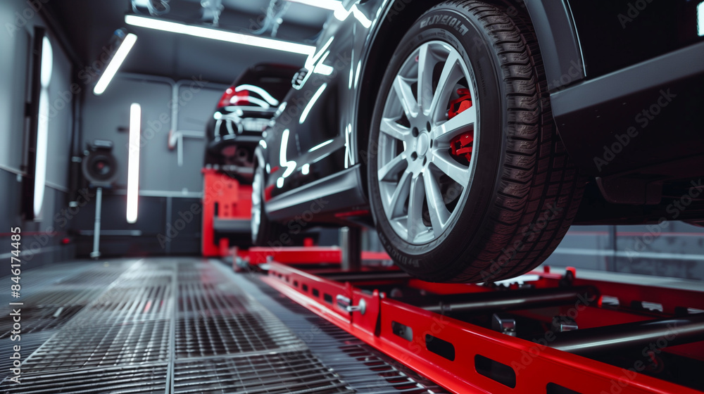Poster modern car wheels alignment testing system
