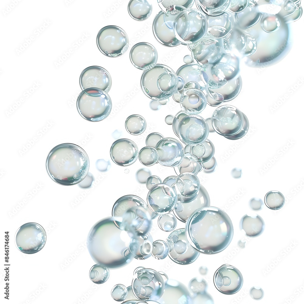 Poster ethereal 3d rendered floating foam bubbles in a tranquil stream on white background