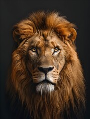 Fototapeta premium Surreal and portrait of a powerful lion with a regal and intense expression,captured under a dramatic one-light studio setup with a dark background.