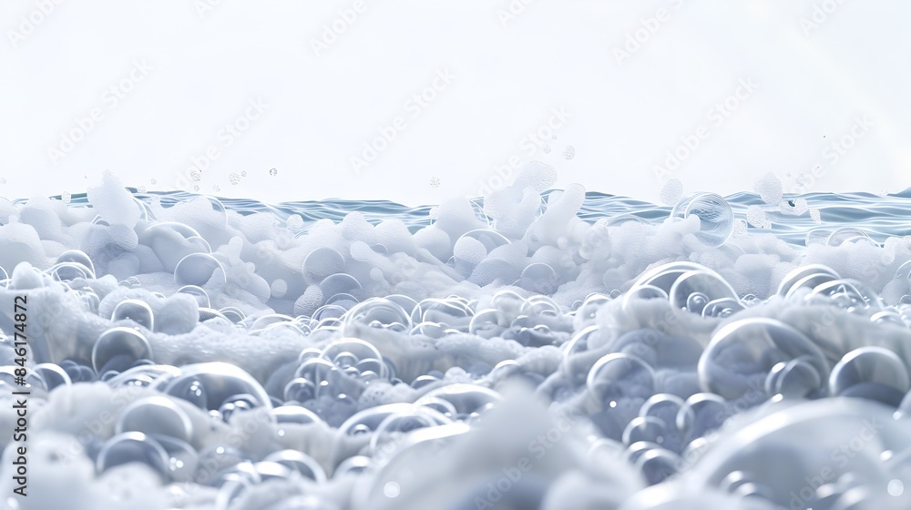 Poster ethereal 3d rendered frothy foam blanket floating on the ocean surface against a pristine white back
