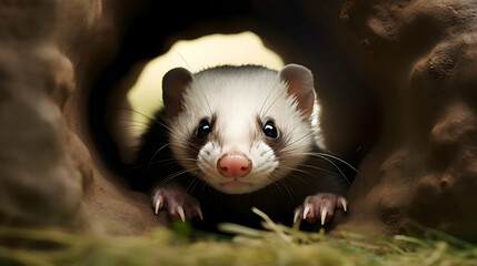 Curious ferret peeking out of a tunnel, eyes filled with wonder.