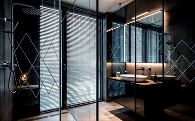 sophisticated modern bathroom interior, with a glass shower and sink that seamlessly blend functionality and elegance. 