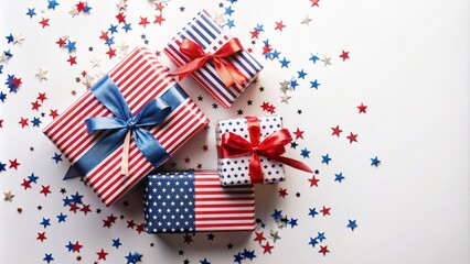 Fototapeta premium A Festive 4Th Of July Flat Lay With A Stack Of Gift Boxes Adorned With A Satin Bow, Confetti Stars, And Ample Copy Space On A White Background.