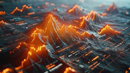 A digital mountain range composed of data points, illuminated by an orange glow, represents stock market activity. - Powered by Adobe