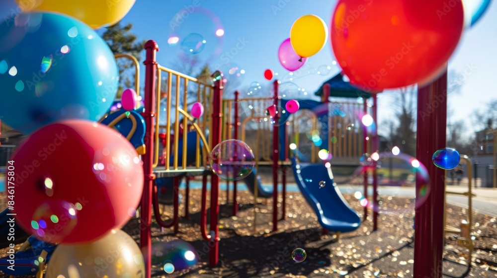 Poster a playground with a slide and balloons in the air. generative ai.