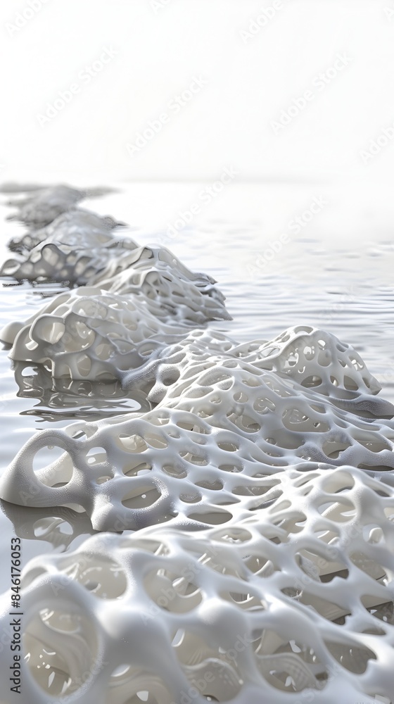 Poster ethereal lace-like foam patterns floating on tranquil water surface against clean white backdrop