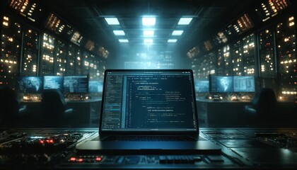 Laptop with Code in a Futuristic Control Room