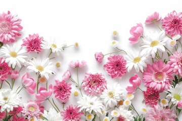 Beautiful Pink and White Daisies Border on White Surface Floral Arrangement for Beauty and Art Inspiration